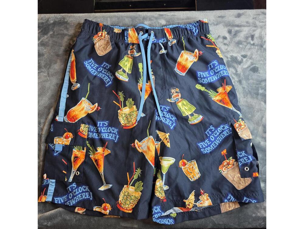 Big Dog Men's Shorts M Hawaiian Swim Trunks It's 5 O'Clock Somewhere Navy Blue